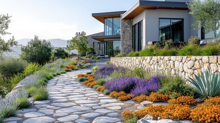 Obraz premium Modern subdivision entrance with stone wall, drought-resistant plants, and clear view of well-spaced homes