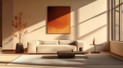 A spacious modern living room in a minimalist style, with a simple couch, coffee table, and abstract wall art