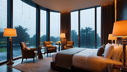 Fototapeta premium This stunning image captures a stylish and luxurious bedroom, featuring expansive windows offering a tranquil view of raindrops gently falling outside. 