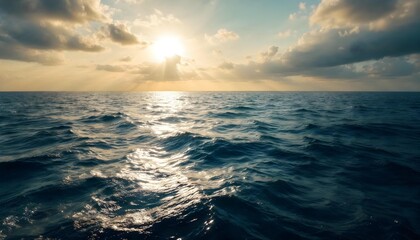 Endless Ocean Horizon: A Tranquil Seascape Under Bright Sunlight and Fluffy Clouds
