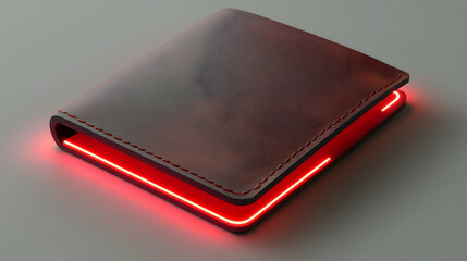 Red glowing line illuminates a closed dark brown leather wallet on a light gray surface.