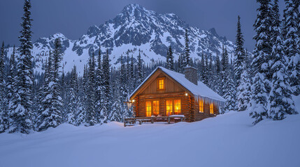 A cabin in the woods with a fireplace and a window. The cabin is surrounded by snow and mountains. The scene is peaceful and serene, with the cabin providing a warm and cozy atmosphere