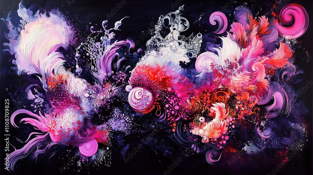 Poster vibrant abstract art with swirling colors and intricate patterns on a dark background.
