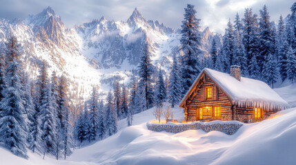 A cabin in the woods with a fireplace and a window. The cabin is surrounded by snow and mountains. The scene is peaceful and serene, with the cabin providing a warm and cozy atmosphere
