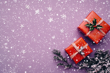 Festive red gift boxes adorned with holly sit on snowy purple background, creating cheerful holiday scene filled with snowflakes