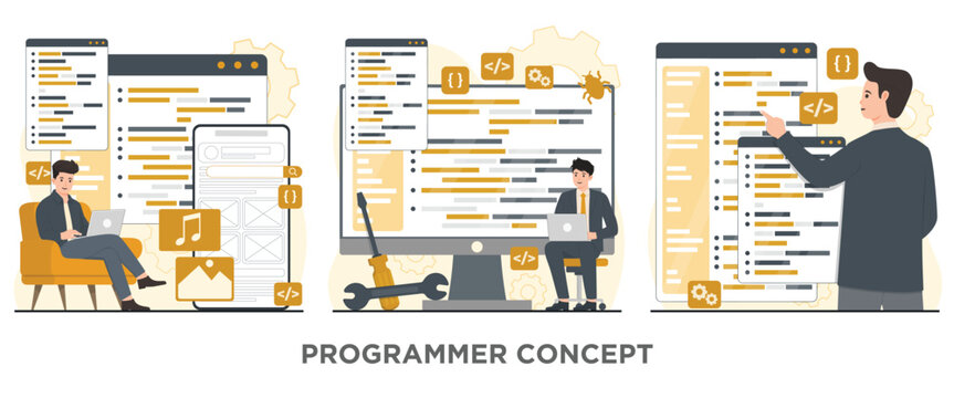 Programming concept set. Software development, coding and programming. Vector flat illustration