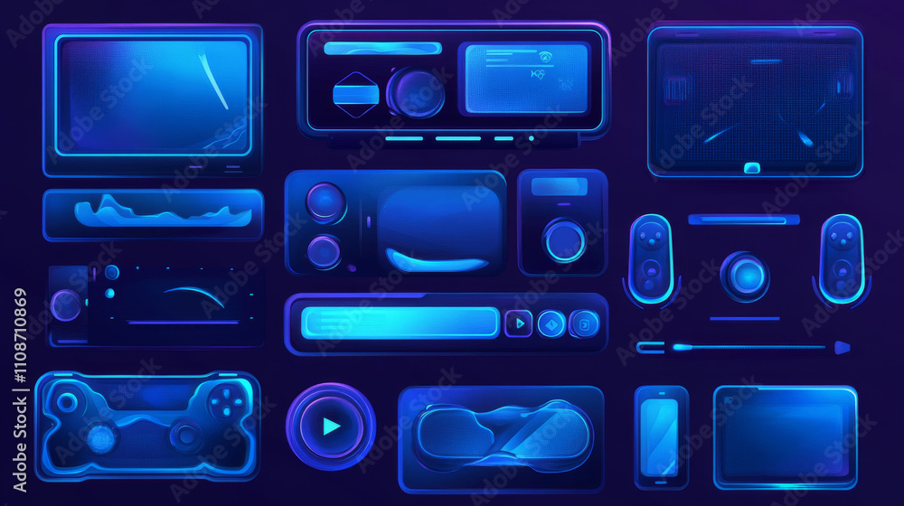 Poster game streaming overlay panels and buttons with water texture. template of webcam video app design. v