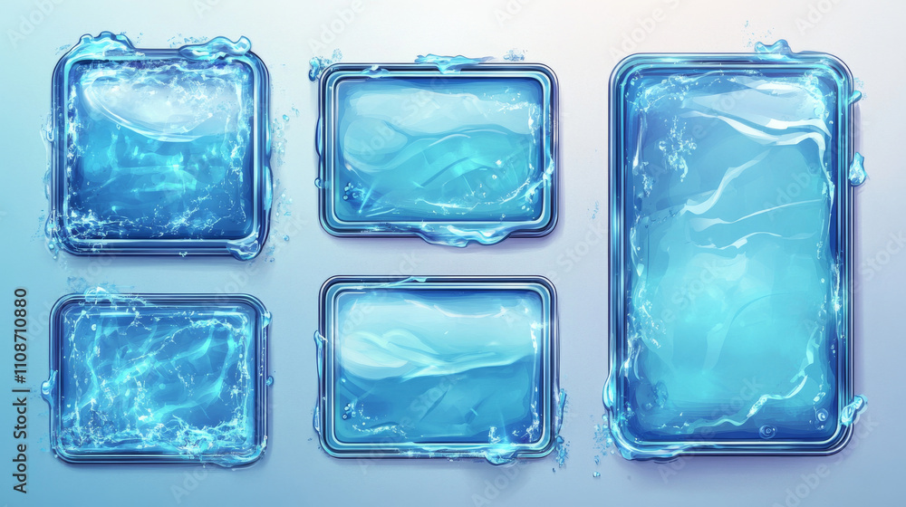 Poster game streaming overlay panels and buttons with water texture. template of webcam video app design. v