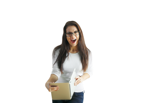 Woman with long hair and glasses holding a laptop, wearing a white shirt, smiling excitedly, isolated on a white background, concept of technology enthusiasm