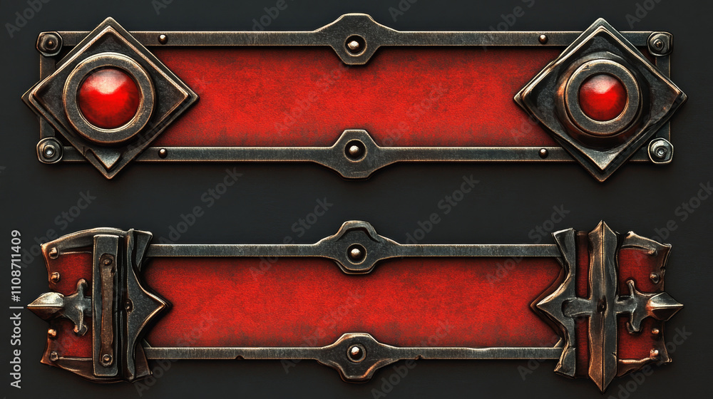 Poster red ui button frame for fantasy game banner vector. medieval title bar element set. play interface w