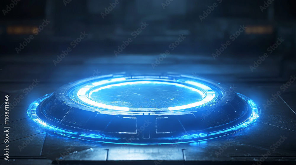 Poster blue glowing neon game portal - realistic vector illustration of futuristic teleport podium for game