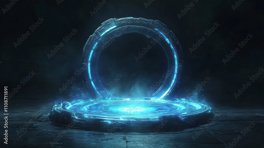 Poster blue glowing neon game portal - realistic vector illustration of futuristic teleport podium for game