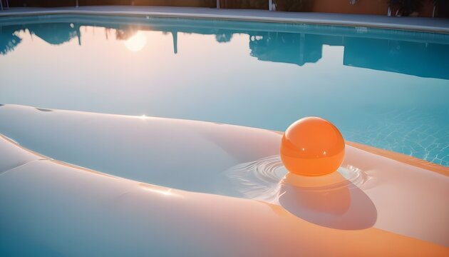 Una piscina inflable de color naranja flota en una piscina azul claro con una colorida pelota de playa flotando cerca