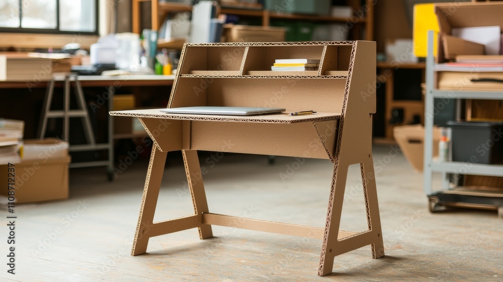 Poster a modern cardboard desk stands in a workshop, showcasing a minimalist design with functional storage