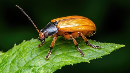 Close-Up of a Vibrant Orange Beetle on a Leaf with Detailed Texture and Green Background