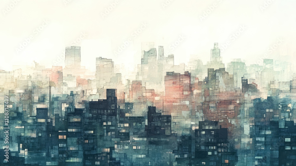 Poster a watercolor skyline where pixelated windows and structures break through the soft washes of color f