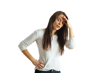 Woman in casual attire holding her head with a pained expression. Isolated on white background, concept of stress, headache, or fatigue