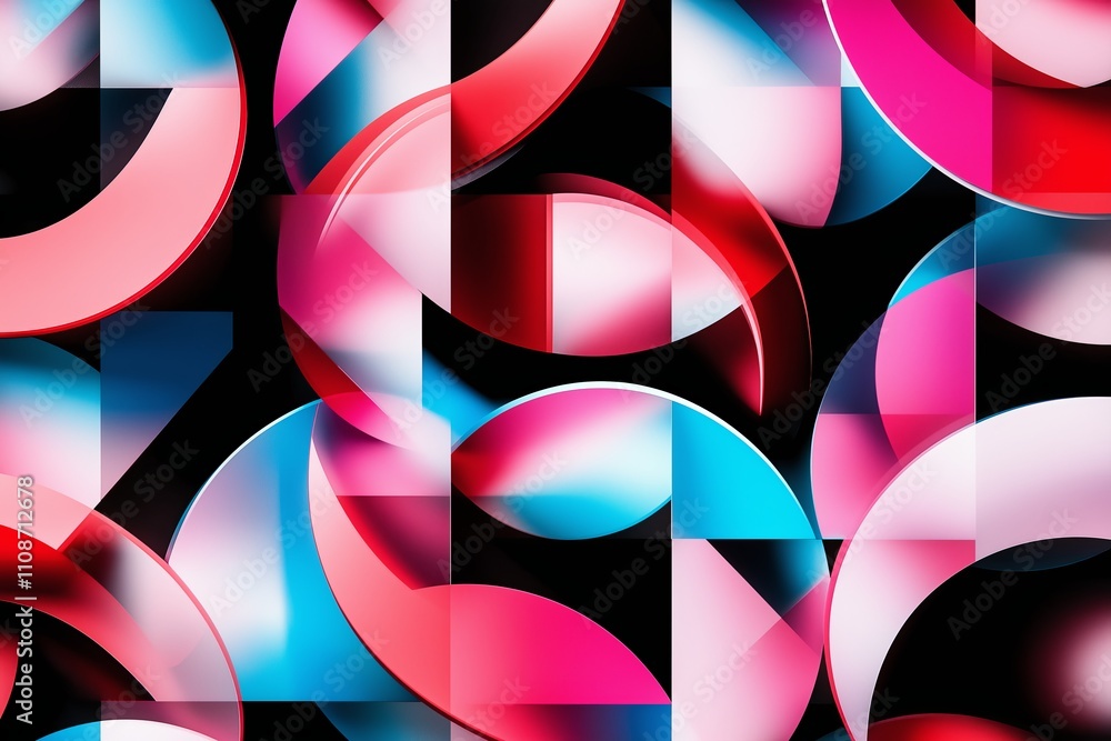 Poster a bold mosaic of abstract geometric shapes in neon colors on a black background.