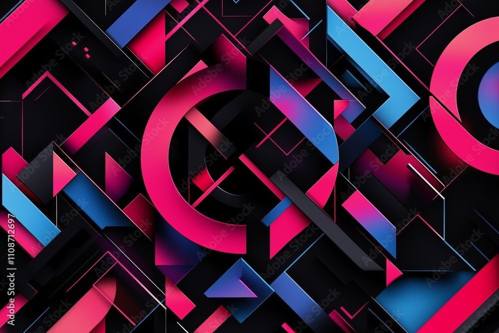 Poster a bold mosaic of abstract geometric shapes in neon colors on a black background.