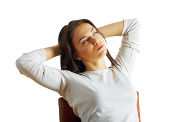 Young woman in white shirt leaning back with relaxed posture, isolated on white background, concept of calmness and confidence