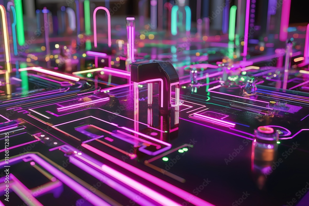 Poster A circuit board design with pulsing neon lights running through its pathways.