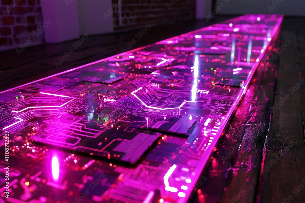 Poster a circuit board design with pulsing neon lights running through its pathways.