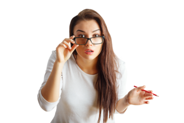 Woman with a surprised expression holding glasses and a red pencil, isolated on a white background. Concept of astonishment or realization