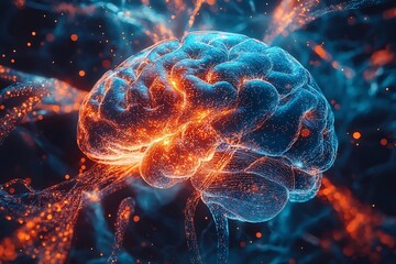 Fototapeta premium Glowing Cerebral Brain with Highlighted Neural Connections and Cosmic Sparks