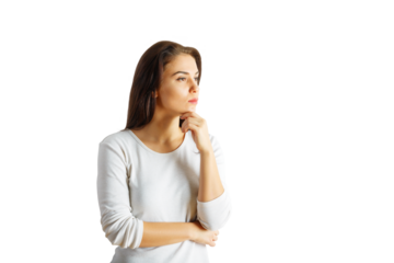 Thoughtful woman in a white shirt resting her chin on her hand. Isolated, clean white background. Concept of contemplation and decision-making