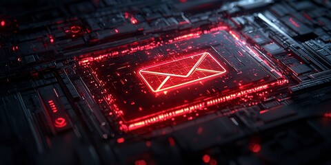 Obraz premium Glowing Red Email Notification Icon in Dynamic Digital Interface