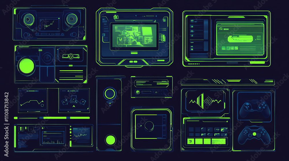 Poster game live video stream interface elements in futuristic style. vector cartoon overlay panels and fra