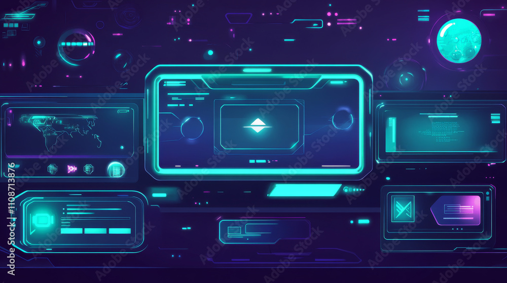 Poster game live video stream interface elements in futuristic style. vector cartoon overlay panels and fra