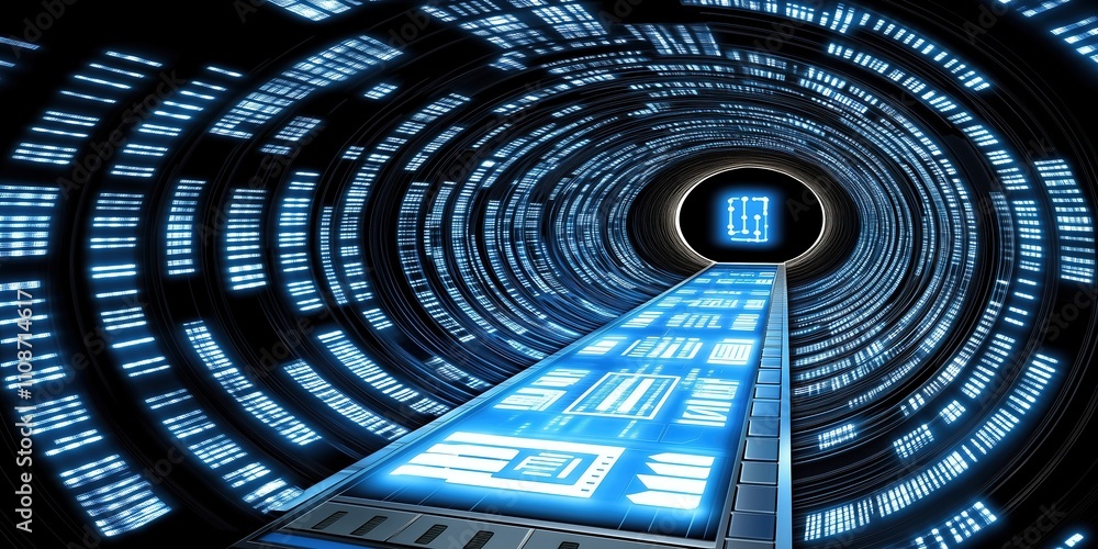 Poster futuristic digital tunnel with glowing data streams and a vanishing point.