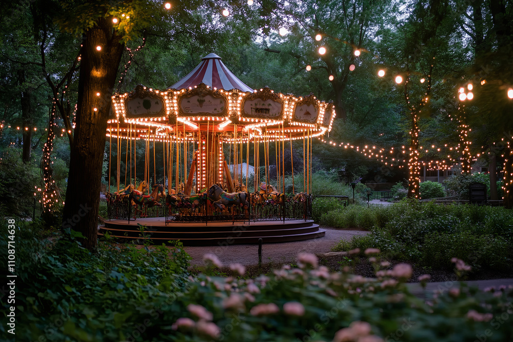 Poster A dreamy carousel in the middle of an enchanted meadow, softly illuminated by string lights