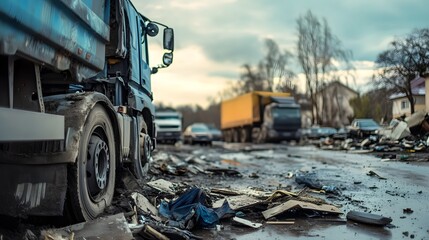 Fototapeta premium Empty damaged trucks scattered on a desolate street, symbolizing the aftermath of a crisis and the need for resilience and rebuilding.
