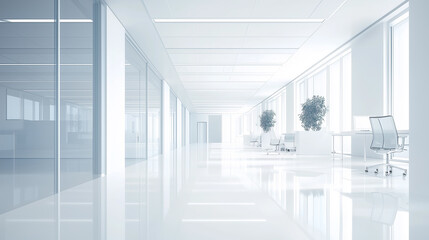 Modern and minimalist clean office space with white walls and floors, featuring a spacious and organized environment ideal for productivity, creativity, and professional work in a modern setting.