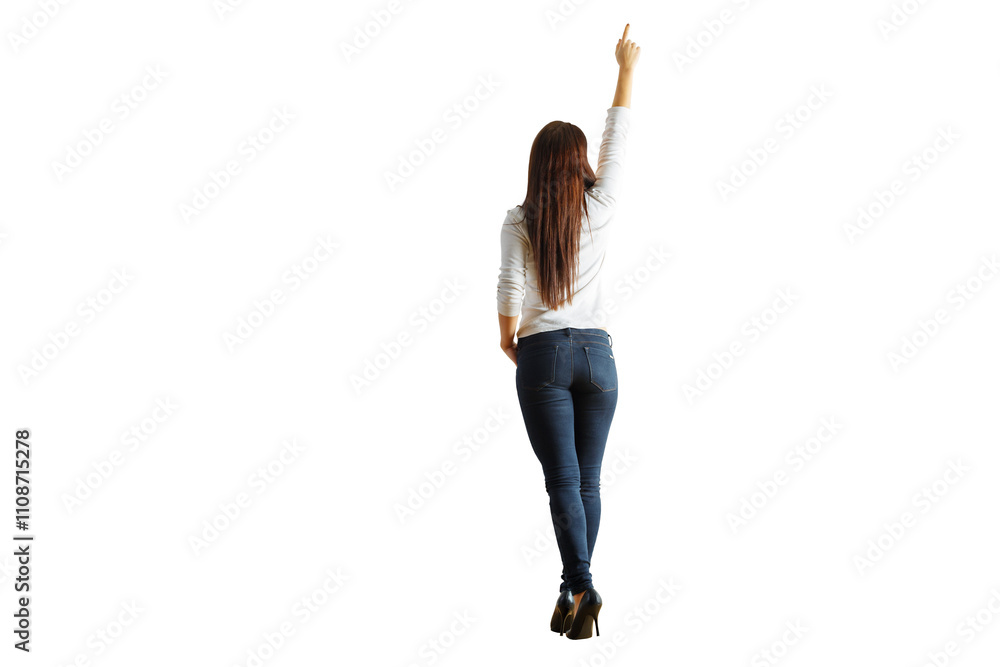 Poster rear view of a woman in casual attire pointing upward. isolated on a white background, clean and min