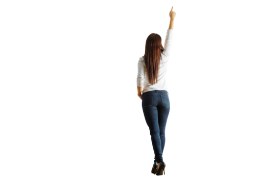 Rear view of a woman in casual attire pointing upward. Isolated on a white background, clean and minimalistic. Concept of direction or indication