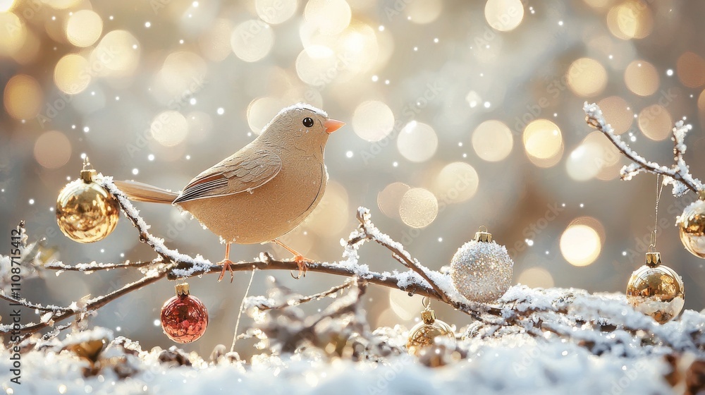 Poster a serene scene of a bird perched on a snowy branch adorned with festive ornaments, surrounded by shi