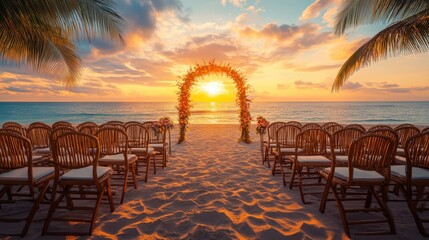 Beach wedding setup at sunset, chairs and floral arch. Perfect for wedding, travel, or romance themes.