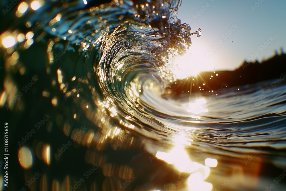 Poster a dynamic ocean wave curling, captured mid-motion with frothy white foam glowing in sunlight.