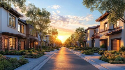 Obraz premium Wide angle view of residential street showing architectural diversity at sunset