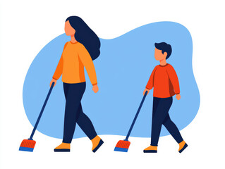 Family cleaning day led by mom, A woman and child cleaning the environment together, symbolizing teamwork and responsibility towards nature.