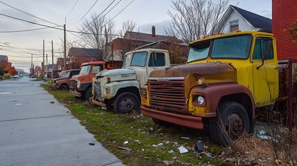 Fototapeta premium Empty damaged trucks scattered on a desolate street, symbolizing the aftermath of a crisis and the need for resilience and rebuilding.