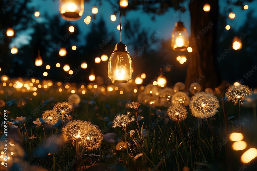 Poster A flock of dandelion seeds transforming into tiny glowing lanterns as they drift through the ai