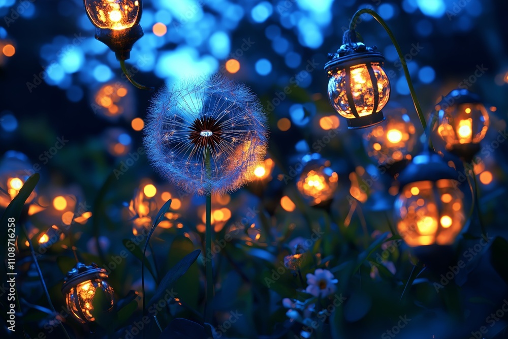 Poster A flock of dandelion seeds transforming into tiny glowing lanterns as they drift through the ai