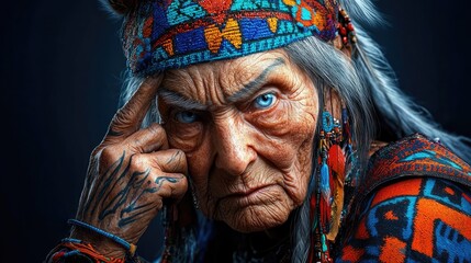 Obraz premium Elderly Person in Traditional Colorful Attire with Intricate Patterns and Intense Expression Against Dark Background