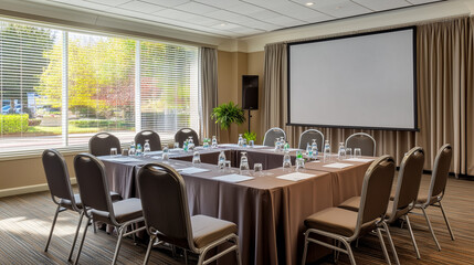 Fototapeta premium Modern empty business meeting room with rectangular table, chairs, partially lowered projector screen, large window with blinds, and natural light creating a calm and professional environment 