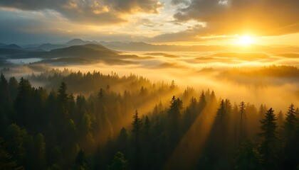 Fototapeta premium Majestic Sunrise Over Misty Forests: A Breathtaking Landscape of Trees and Mountains Illuminated by Golden Light