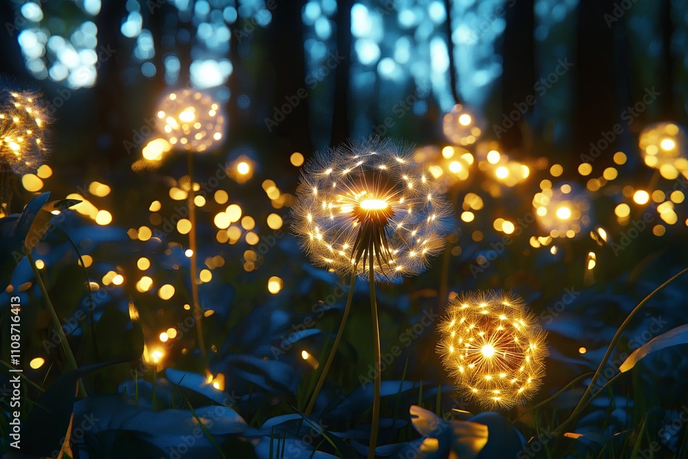 Poster A flock of dandelion seeds transforming into tiny glowing lanterns as they drift through the ai